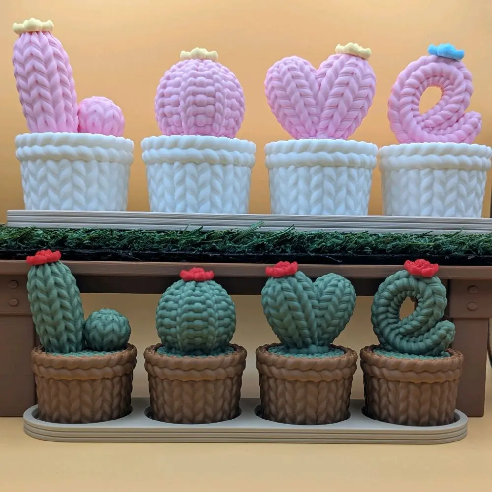 3D Printed Crochet LOVE Cactus Set | 4 Pot Display | 3 Color Variants | Small or Large