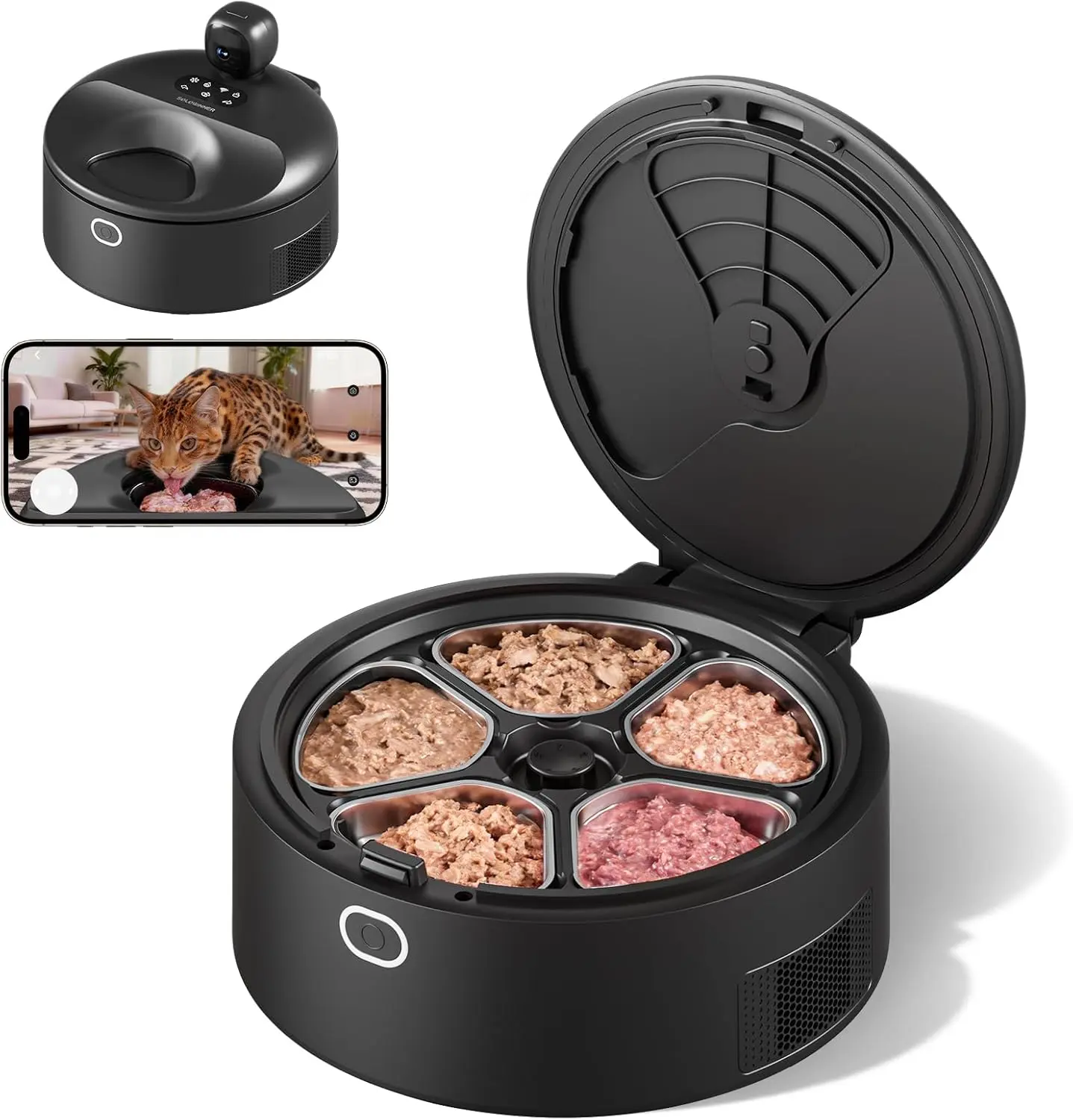 Stainless Steel Tray Automatic Cat Wet Food Feeder - Refrigeration, Pre-Heating, Night Vision Camera, App Control, Kitchen-Ready, 5 Fresh Meals for Up to 3 Days