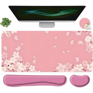Cherry Blossom Pattern Mouse Pad Set, 4 Counts/set Including Mouse Pad & Keyboard Wrist Rest & Coaster, Ergonomic Wrist Support, Computer Mat for Home Office Gaming