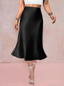 Women's Solid Color Side Pocket Satin Skirt, Elegant Fashion Casual High Waist Flared Skirt Design Midi Skirt for Daily Outdoor Wear, Women Bottoms for Summer
