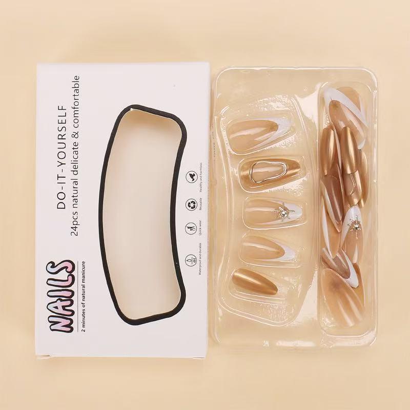 Jelly Gel  Stickers, French Style White-tipped French manicure, almond shape Nude-colored press-on  3D gold moon and star design Glitter French tips Shiny, reusable adhesive  set 24 pieces per pack nail Nail Tips Rhinestone