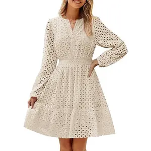 ZESICA Women's 2026 Long Sleeve Mini Dress Fall V Neck Hollow Out Eyelet Embroidery Ruffle A Line Swing Short Dresses