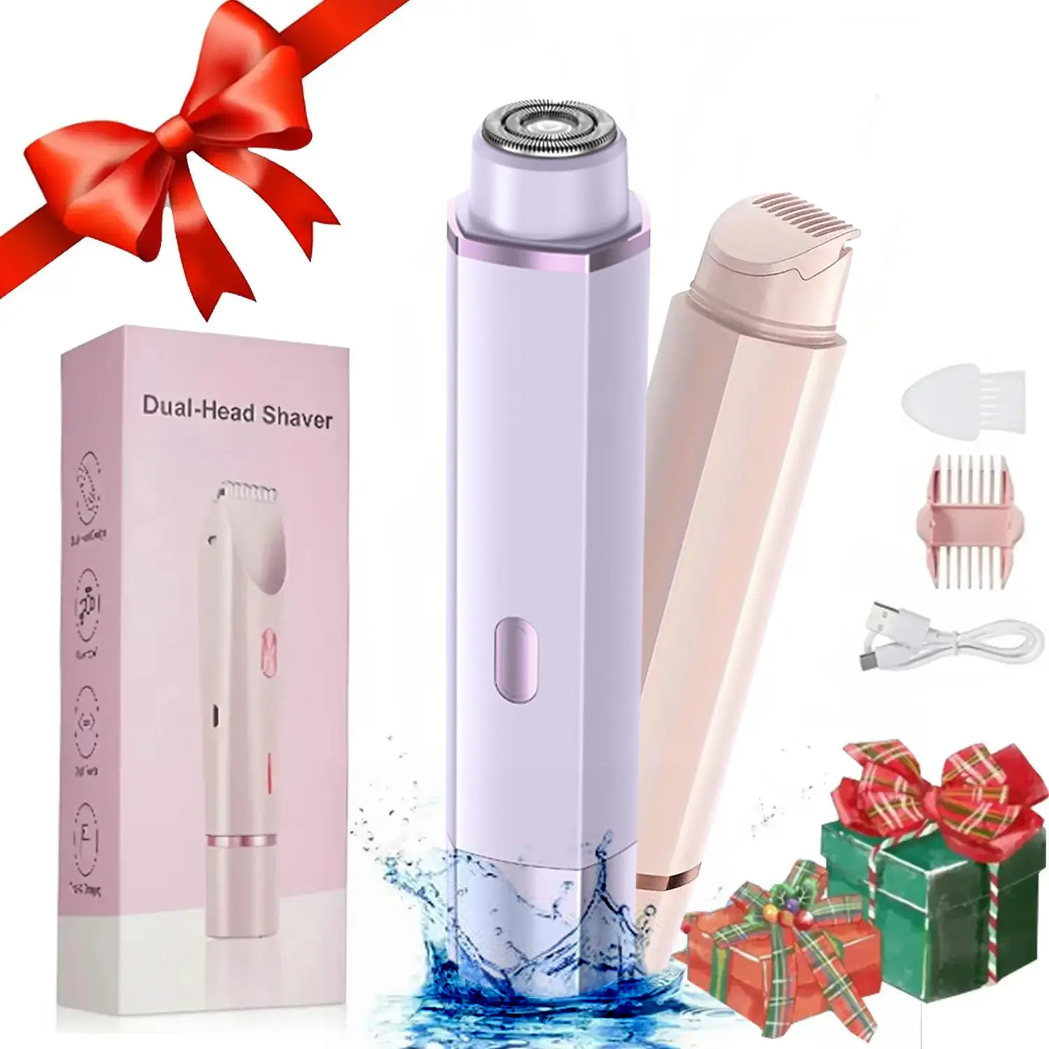Bikini Trimmer for Women, Electric Shaver and Razor Rechargeable 2-in-1 Body and Facial Epilator, Dual Heads for Painless Trimming of Pubic Hair, Face