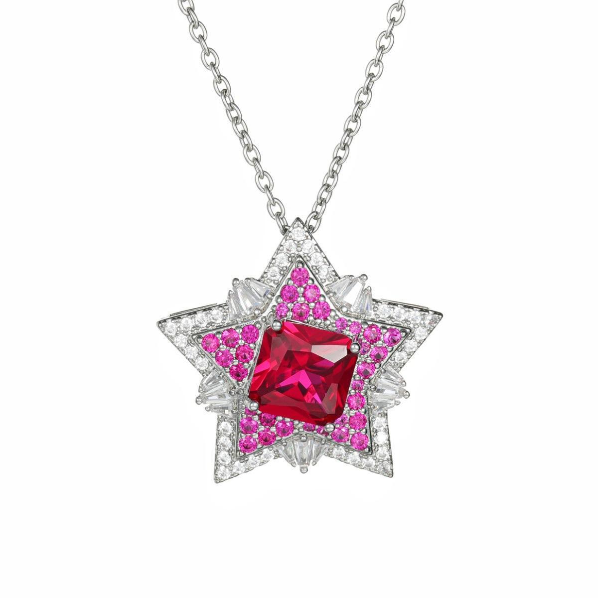 Red Ruby Five-Pointed Star Diamond Pendant Necklace for Women — Fashionable, Elegant, Suitable as a Birthday Gift, Graduation Party Gift, or Mother’s Day Gift