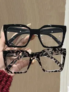Elegant Women's Square Large Frame Glasses, Fashion Leopard Print and Plain Color, Perfect for Daily Work Accessories, Leopard Pattern Eyeglasses