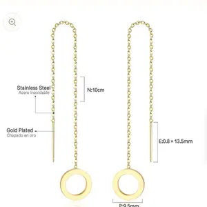 Stainless Steel Plated Gold Earrings 10cm Long Chain 0.8x13.5mm Circle Pendant Fashion Jewelry