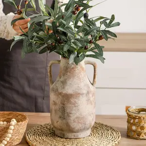 Ceramic Flower Vase with Handles, 11 inch Tall Vase for Centerpieces, Large Decorative Terracotta Vases, Farmhouse Rustic Vases for Home Decor, Living Room, Table, Neutral