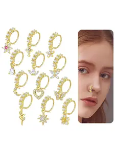 12Pcs Nose Ring Hoop Cartilage Earring Cute Leaf Star CZ Butterfly Paved Nose Piercing Jewelry for Women men Silver Gold Plated 20G Body Piercings Set