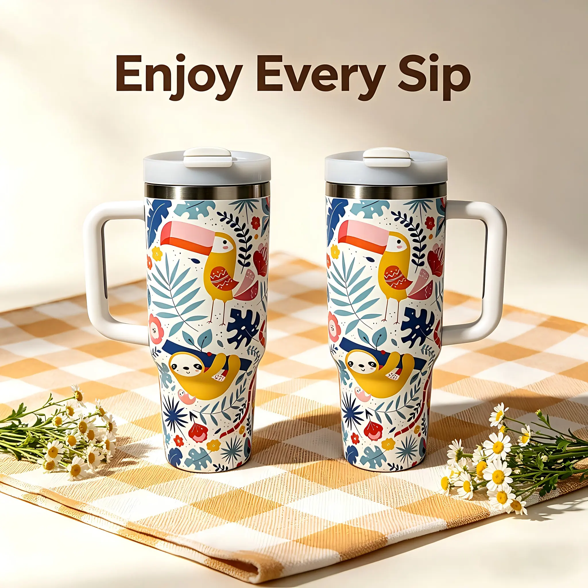 40 oz insulated tumbler with handle featuring sloth and toucan designs; stainless steel travel cup with leakproof lid; keeps drinks hot or cold; suitable for car, office, and outdoor use; 304 stainless steel travel cup; ideal for coffee and water; usable