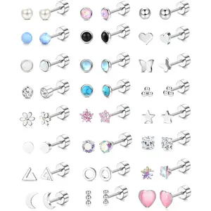 24 Pairs Screw Back Earrings for Women Girls, Surgical Steel 20G Tiny Cartilage Stud Earrings, CZ Heart Flower Star Ball Flat Back Earrings Set, Multi-color