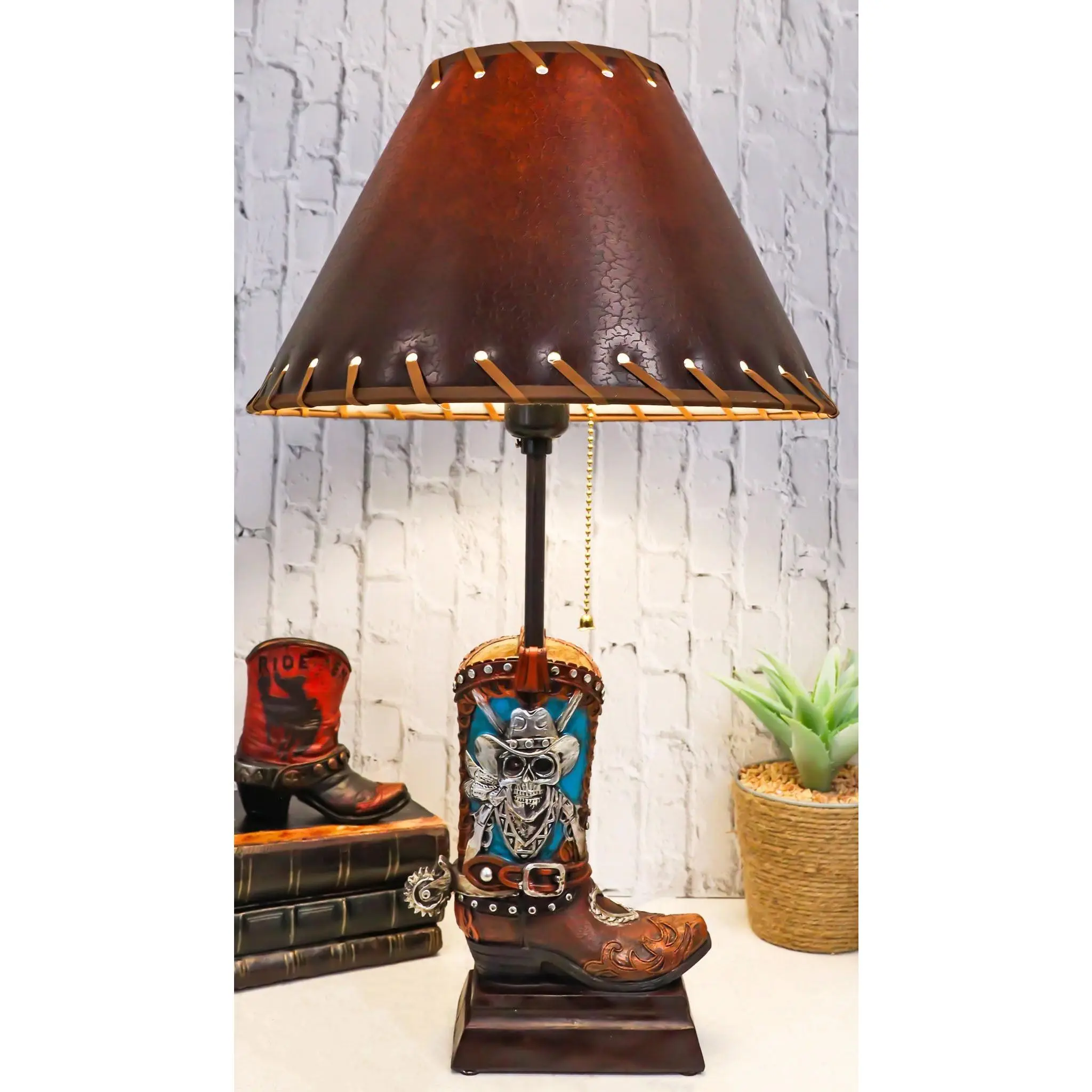 Rustic Western Country Skull With Crossed Pistols Cowboy Spur Boot Table Lamp