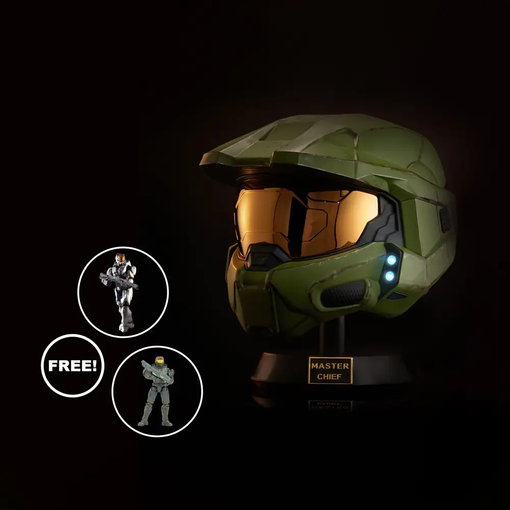 Halo Master Chief Deluxe Helmet: Featuring LED Lights, Special Sound Effects, a Battle Damage Design and a Display Stand; One-Size-Fits-Most Cosplay B