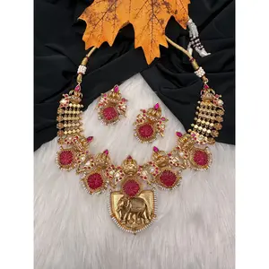 Elephant Nakshi Red Jadau Kundan Statement Neckline Necklace