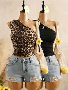 Women's One-Shoulder Ruched Short Top Two-Piece Set, Sexy Casual Sleeveless Shirt Club Party, Leopard Pattern, Slim-Fitting
