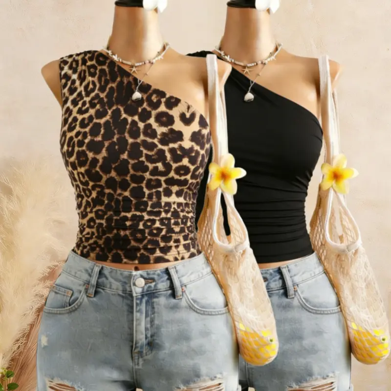 Women's One-Shoulder Ruched Short Top Two-Piece Set, Summer Outfit Set, Sexy Casual Sleeveless Shirt Club Party, Leopard Pattern, Slim-Fitting