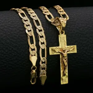 Hip Hop 24" 5mm Figaro Chain Jesus Cross (s-3) Pendant Solid Gold Plated Figaro Chain Necklace