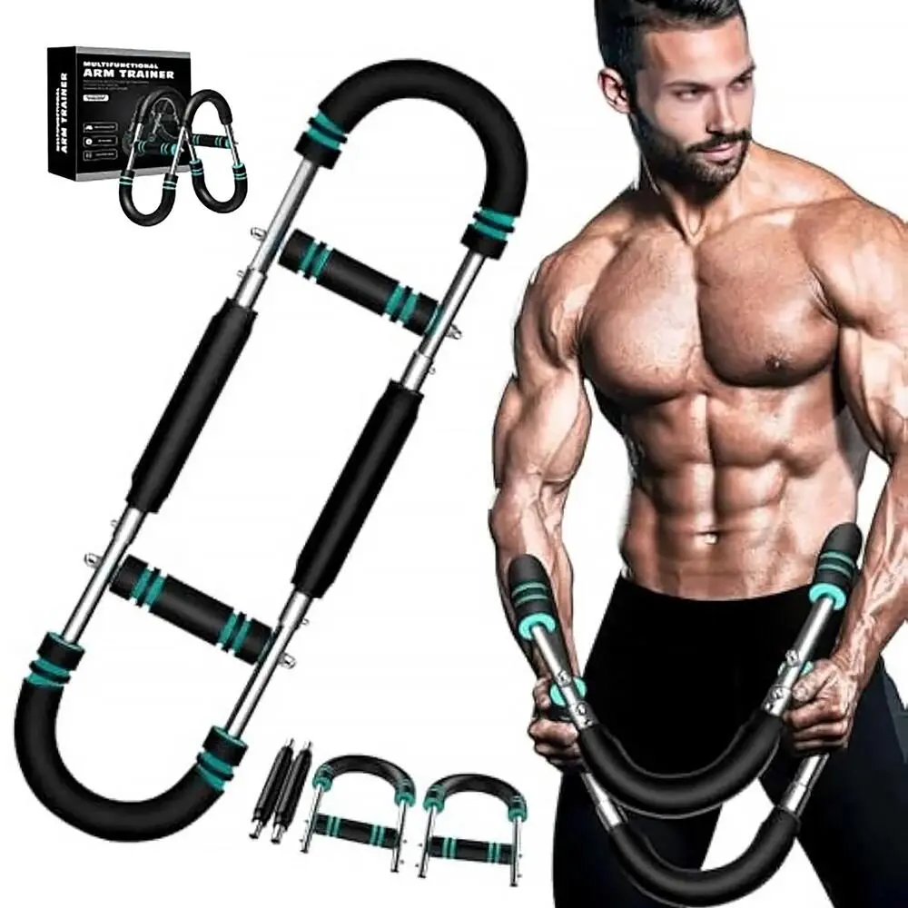 Dual spring black arm twister workout bar (separate design), lightweight take-apart gym equipment, upper body muscle builder for all skill levels, forearm, chest, and shoulder training gear