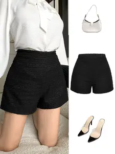 Women's Casual Knitted Tweed High-Waisted Shorts, Elastic Waist, Solid Color, Fit, Perfect for Commuting, Back-To-School, Parties, All Seasons, Womenswear