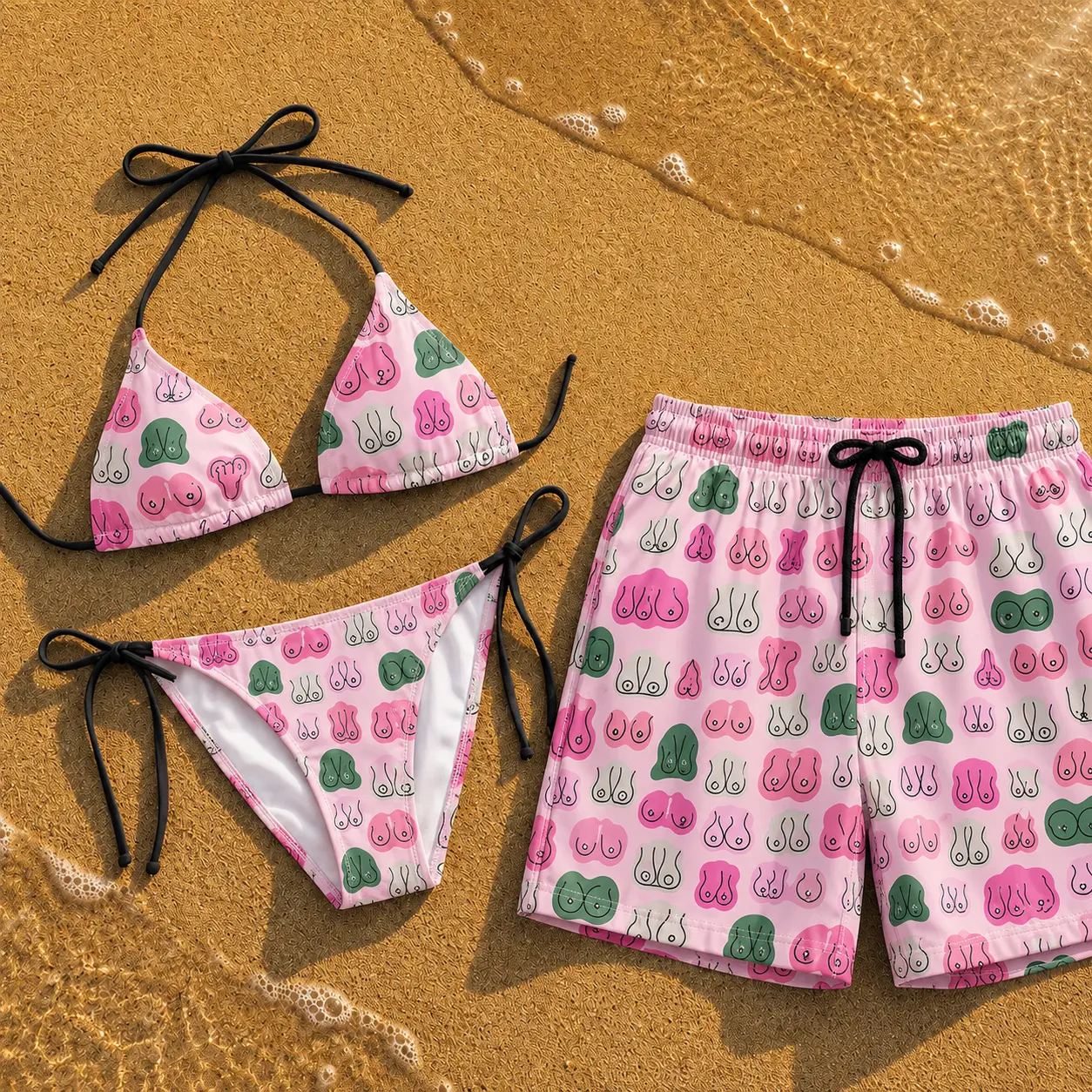 Couples Matching Funny Graphic Swimwear Set, Women's String Bikini and Men's Hawaiian Swim Shorts