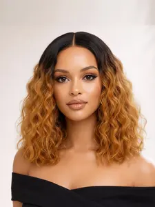 V Part Curly Wavy Wigs, Short Bob Loose Curly Wig, Synthetic Layered Wigs, Wear and Go Synthetic Glueless Ombre Blonde Wig, 14 Inches, Women Hair Style