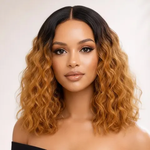 14-Inch V-Part Ombre Blonde Synthetic Wig for Women, Glueless Machine-Made Shoulder-Length Bob with Soft Loose Curly Waves, Wear-and-Go Style for Parties, Wavy Wig