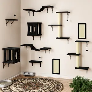 [dealsforyoudays] 10Pcs Wall Mounted Cat Shelves Set – Modern Cat Climbing Furniture with Cat Hammock, Perches & Steps – Space-Saving Cat Wall Activity Center for Indoor Cats, ChristmasGift