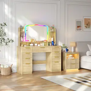 FREDEES Makeup Vanity with Large Storage & RGB Lighting, Vanity Desk with 9 Drawers, Jewelry Organizer, Open Shelves & Charger Station, Dressing Table Gift for Women/Girls/Lady