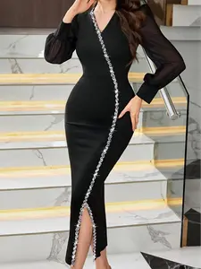 Women's Fashion Long Sleeve Lace and Sequin Formal Evening Dress, Chiffon Sleeves, Mid-Length Gown for Business Dinners, Cocktail Parties, Date Nights #holidayfashion