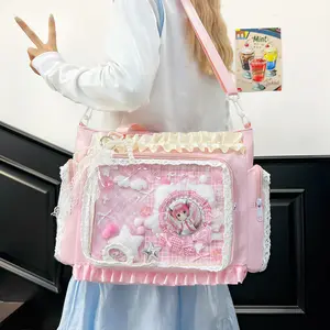 Vintage Kawaii Lace Ruffle Ita Bag with Transparent Display Pocket, Multi-Color Anime Girl Aesthetic Shoulder Bag for Women, Y2K Lolita Harajuku Streetwear Handbag for Anime Fans, Casual Daily Outdoor Commute Tote Bag