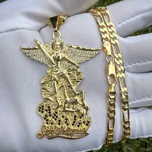 St Michael Archange 2 Inch Charm with Figaro Chain Tarnish Free Made in Italy Gold Plated Pendant Necklace