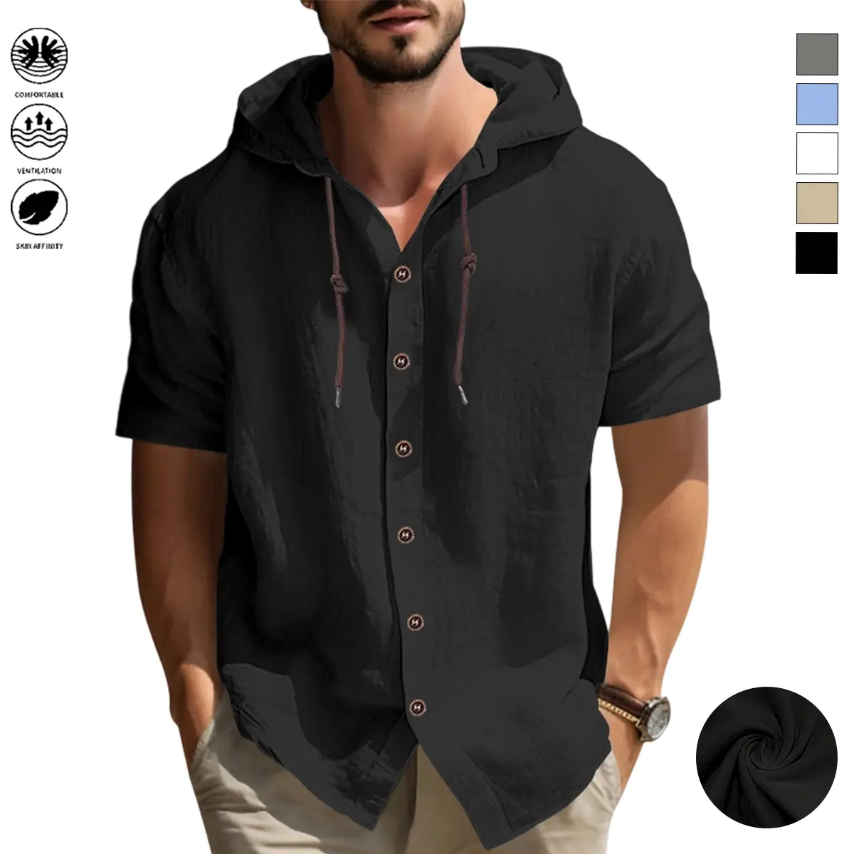 Men’s fashionable casual beach-style hooded long-sleeve open-front shirt | Premium, skin-friendly, smooth woven linen shirt, breathable and lightweight | Suitable for indoor gatherings and outdoor activities | A wardrobe essential—casual vacation trend pi