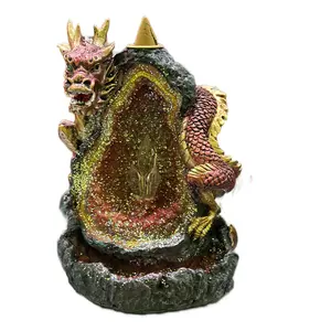 Glowing Dragon Guarding Crystal Cave with LED Backflow Incense Burner (Red/Gold)