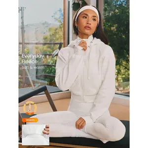 GLOWMODE Fleece Cozy Soft Ribbed Cuffs Hem Thumbholes Detachable Hood Cropped Zip-Up Sweatshirt Daily Casual Wear fleece cotton