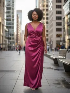 Magenta Muse Satin Wrap Gown - Sleeveless Ruched Maxi Dress