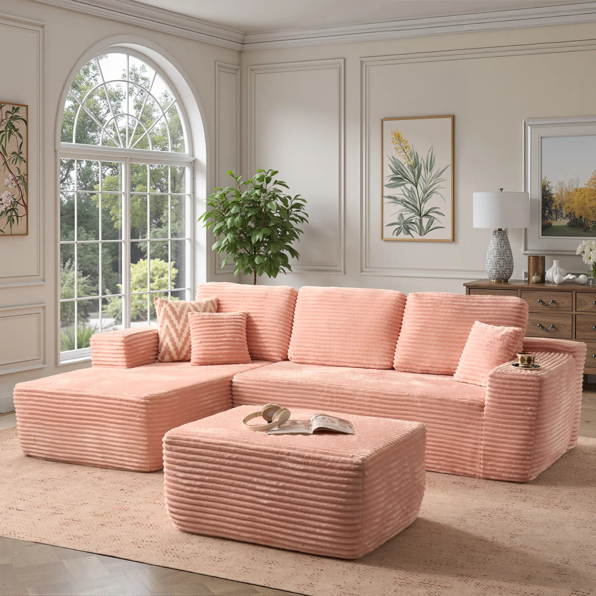 Pink Plush Left Chaise| with Ottoman