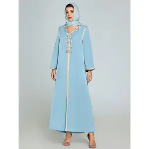 Elegant Blue Kaftan for Women - Hand-Stitched with Rhinestone Embellishments, Long Sleeve, Side Slit, High-Quality Fabric, Perfect for Formal Occasions, Formal Attire | Rhinestone Embellished | Sophisticated Style