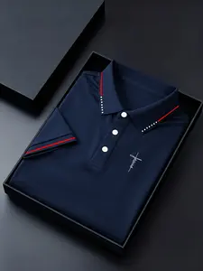 Men's summer polo shirt with a turned-down collar and short sleeves. Regular fit with fashionable prints. Colorful contrast stripes on the collar. Ideal for casual and fashionable daily wear