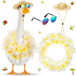 Summer Porch Goose Outfits for Plastic Goose 23/17'' Lawn Patio Statue Clothes Straw Hat and Hawaiian Lei Costume(White)