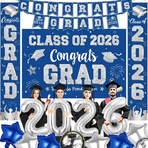 Graduation Decorations Set Class of 2026, Blue and Silver Color Party Supplies, Congrats Grad Backdrop & Banner, Porch Sign, Foil Balloons