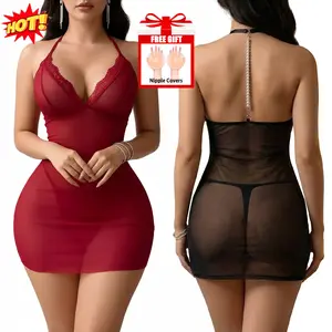 Sexy Pearl Chain Backless Lingerie Set for Women Sheer Mesh Halter Babydoll Chemise Nightgown See Through Bodycon Mini Dress with G-String and Free Nipple Covers Date Night Bridal Honeymoon Sleepwear Plus Size