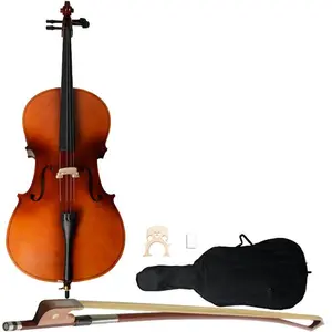 Adult Size 4/4 Acoustic Cello Set with Wood Finish Case, Bow, and Rosin