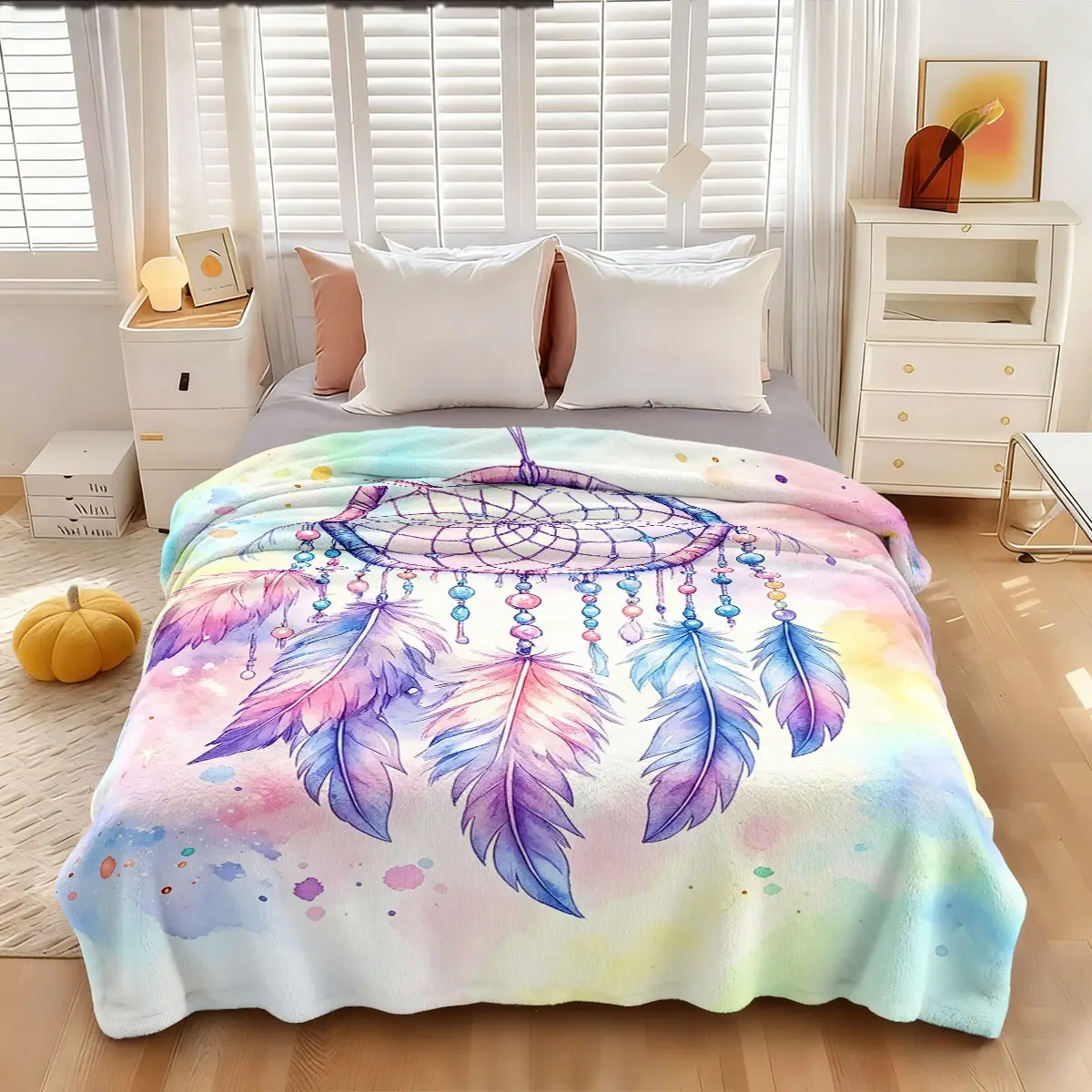 1 piece watercolor dream-catching net printed flannel blanket Dream rainbow gradient feather pattern printed flannel blanket is skin-friendly, soft, machine washable, suitable for office, home, suitable for all seasons, sofa blanket, bed blanket