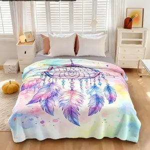 1 piece watercolor dream-catching net printed flannel blanket Dream rainbow gradient feather pattern printed flannel blanket is skin-friendly, soft, machine washable, suitable for office, home, suitable for all seasons, sofa blanket, bed blanket