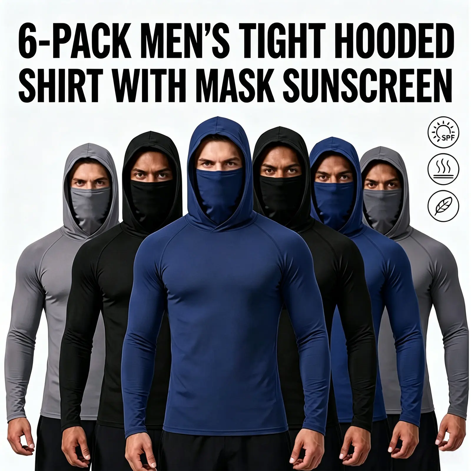 6-Piece Men's Quick-Dry Breathable Hoodies with Face Coverings Long-Sleeve T-Shirts - Spring/Fall Compression Sports Tops - Quick Dry Compression Fishing Shirts Long Sleeve Outdoor Work Tactical Hiking Gear Athletic Fashion summerwins