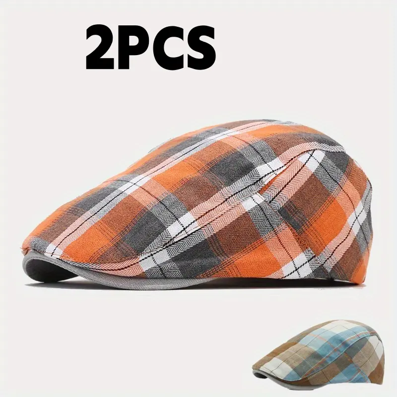 2 Pack Men's Newsboy Hat Flat Cap Adjustable Plaid Gatsby Cabbie Driving Golf Hat Beret, Plaid Pattern