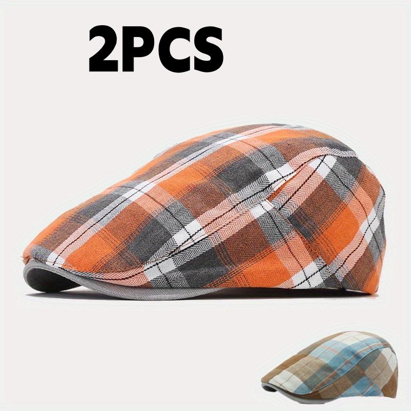 2 Pack Men's Newsboy Hat Flat Cap Adjustable Plaid Gatsby Cabbie Driving Golf Hat Beret