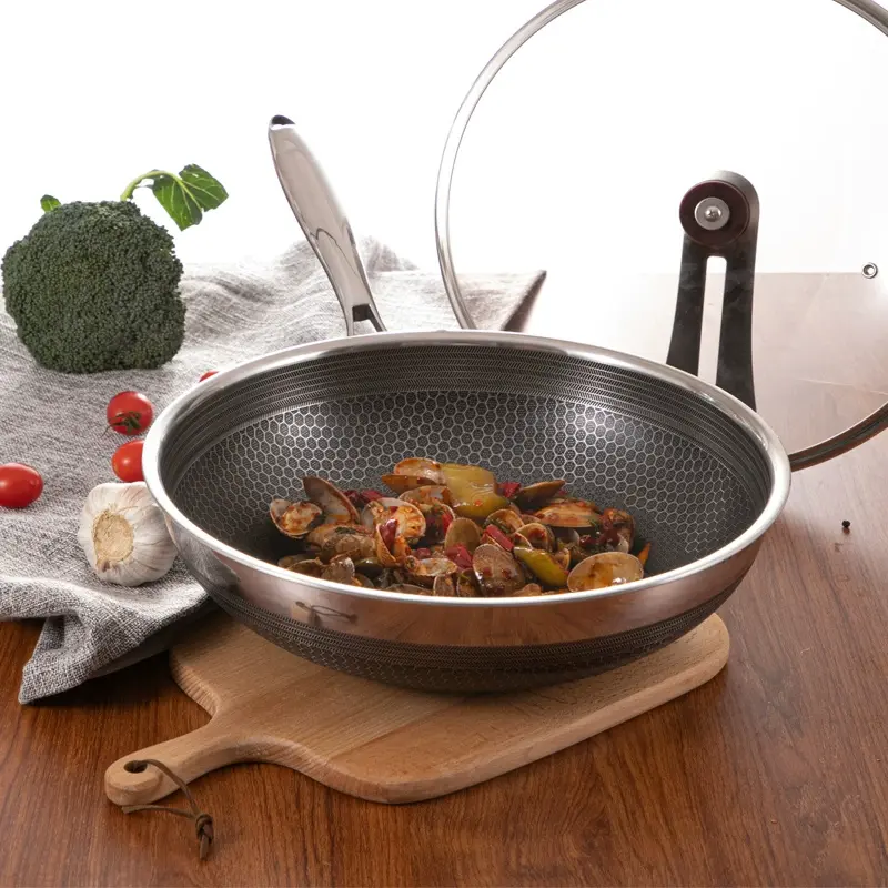 CNCEST 12-in Round Stainless Steel Nonstick Fry Pan Wok with Lid - 1L/0.22gal (1,000-2,000ml), 10-11in Round Shape, Honeycomb Coating, Scratch-Resistant, Ergonomic Handle, Universal Stovetop Compatible, Non Stick Washable Cookware, 2.8Kg/ 6.17Lbs