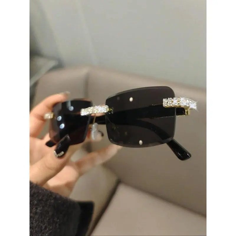 Trendy Styling Women's Rhinestone Rimless Rectangle Sunglasses - Female Nylon Frame Eyewear for Daily & Outdoor Cycling Use, Trendy Styling Sunglasses, Women's Sunglasses