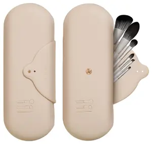 Makeup Brush Holder Silicone Pouch Cosmetic Bag Brush Case Organizer Travel Essentials with Brush Cleaner Inside (Khaki)