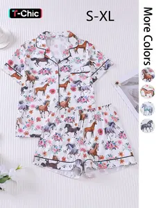 Women's Horse Print Top & Shorts Pajama Set, Casual Comfy Short Sleeve Top & Elastic Waist Shorts Loungewear Set, Ladies Summer Soft Sleepwear Loungewear, Shorts Pyjama, Sleep Pajamas Shorts